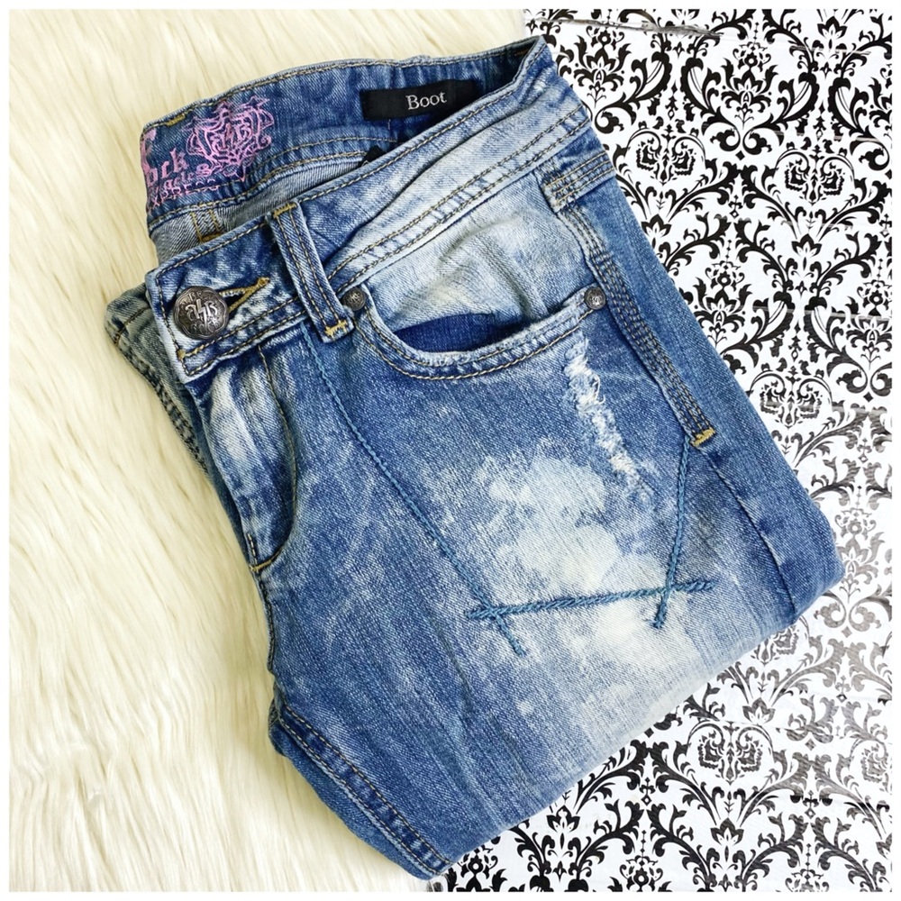 VINTAGE RF Rock : size 4 : Y2K distressed 2000’s patchwork boot cut denim jeans